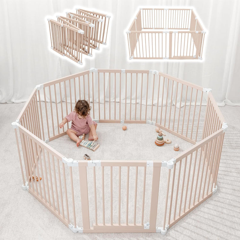 Baby Playpen & Gate - 144 x 144 x 63 cm, Extends Up to 579 cm - Pine Wood Foldable Playpen with Child-Proof Lock - Safe Play Fence Easy Assembly Baby Play Yard - Light Wood White O1