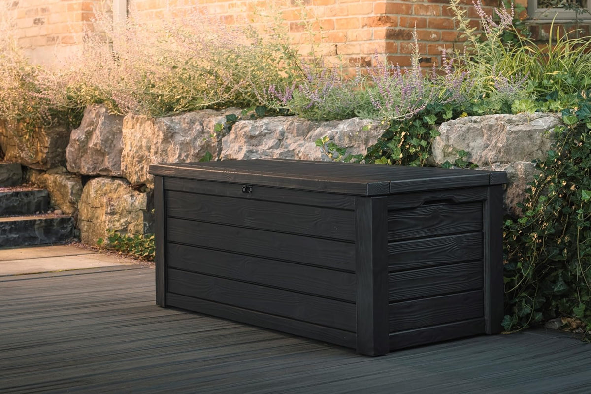 Outdoor storage deck box, 150-gallon resin deck storage box and bench, with wood-grain design, in brown color scheme