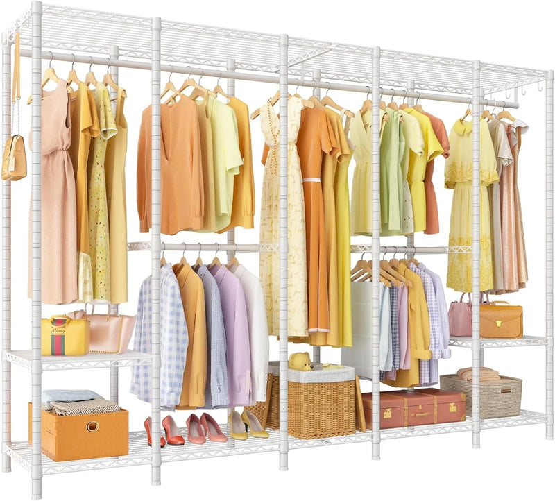 Super large clothes rack, heavy-duty clothes storage rack, standalone portable wardrobe, clothes rack for hanging clothes, 89.8 inches wide x 15.8 inches deep x 76.4 inches high, maximum load capacity of 1400 pounds, white D1