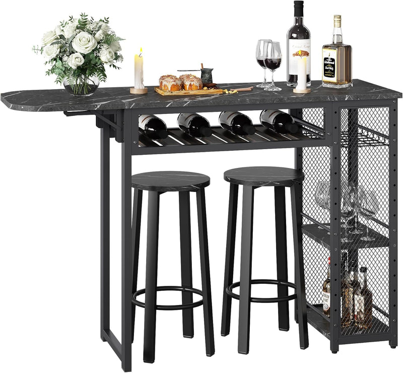 Bar Table and Chair Set, Industrial Expandable Dining Table with 2 Bar Stools, Kitchen Counter with Wine Rack & 3 Tier Adjustable Storage Shelves Rustic Brown G3