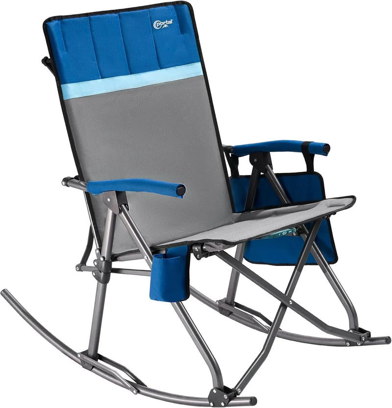 Large-sized foldable rocking chair-style camping chair. Portable outdoor rocking chair, equipped with a high back and sturdy armrests. The carrying bag can bear a weight of 300 pounds. The back of the seat has padding. The color is blue. C0