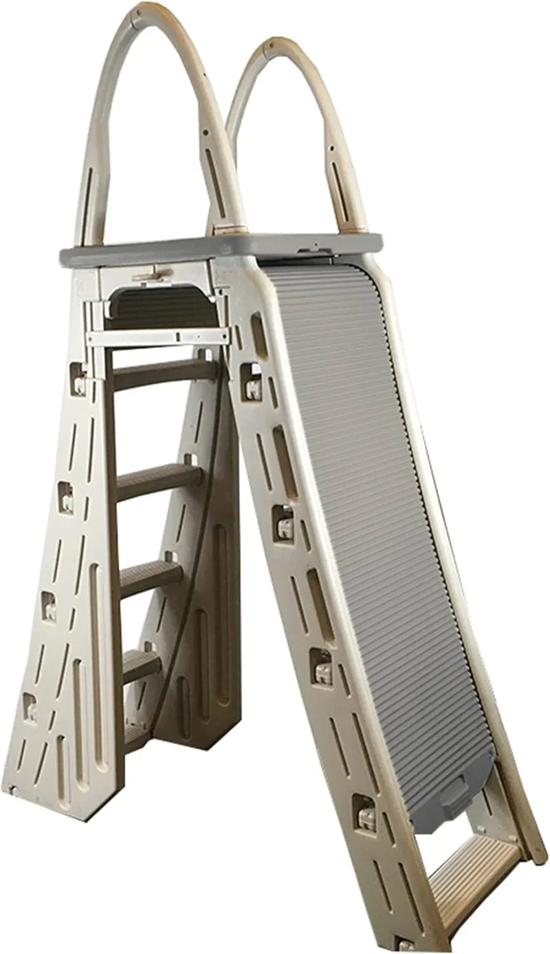 Confer Plastics 7200 Roll Guard 48" to 56" Adjustable A Frame Safety Ladder for Above Ground Outdoor Patio Swimming Pool Platform Ladder with Step Barrier, Warm Grey… Q5