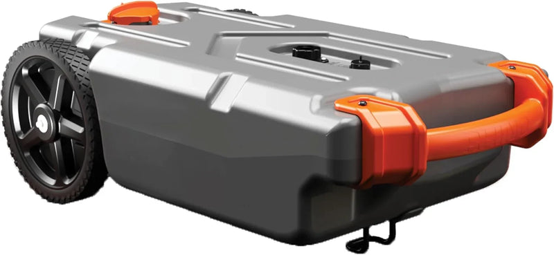 28-gallon portable camping vehicle/rv travel tank | Equipped with 2 controllable non-flat-front wheels and built-in valve | Includes detachable 24-inch tow bar, 3-foot sewage hose and other RV accessories W6