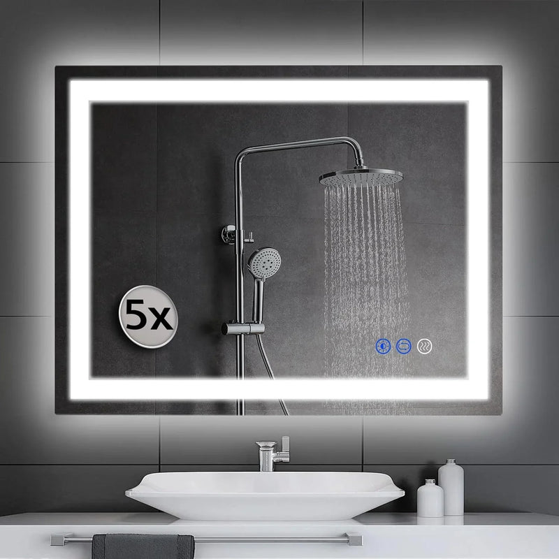 LED wall-mounted makeup mirror with lights - suitable for wall-mounted large makeup tables. Features intelligent touch buttons, anti-fog, water resistance, adjustable dimming, color adjustment, and magnifying glass function. E0