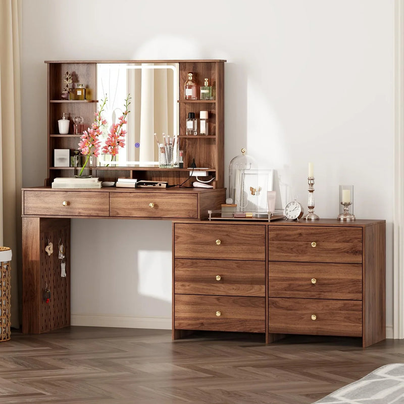 Makeup Vanity Desk with Mirror and Lights, Vanity Desk with 8 Drawers & Storage Shelves, Vanity Table with Power Outlet, 3 Color Modes & Adjustable Brightness Dressing Table, Bedroom,White2 M5