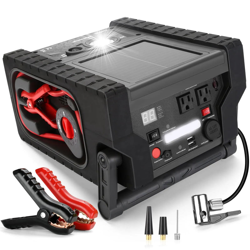 ZD-529 Solar Portable Power Station 2000 Amps Jump Starter, 260 PSI Air Compressor, 12V Car Battery Charger with 400W Inverter Dual AC/DC/USB Output, Emergency Backup Power with Flashlights Q2