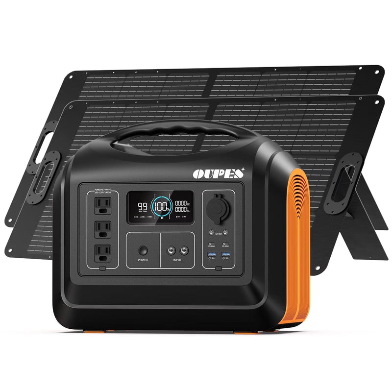 OUPES 1800W 1488Wh Portable Power Station with 2x100W Solar Panel,Solar Generator for Outdoor Camping,Home Backup,Emergency,RV T6