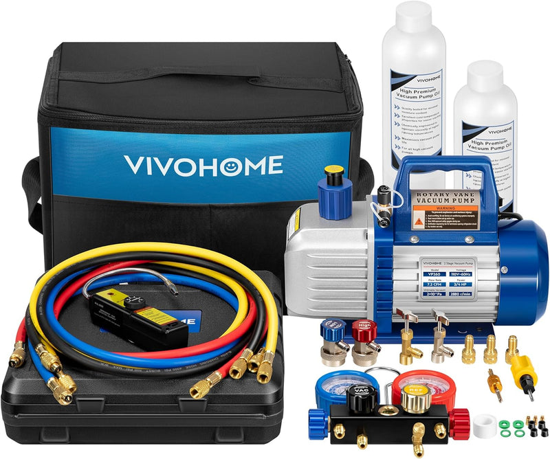 110V 1/4 HP 3.5CFM Single Stage Rotary Vane Air Vacuum Pump and AC Manifold Gauge Set Kit with Thermometer for R134a R12 R22 R502 R410a HVAC Air Conditioning Refrigeration Recharging Red Y7