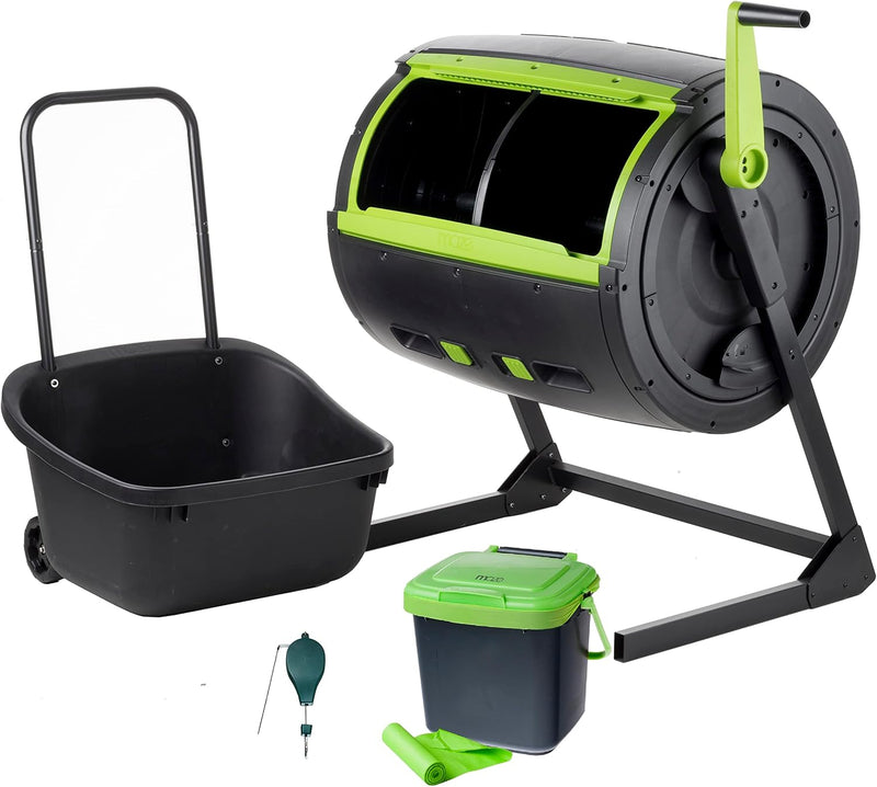 Two 65-gallon two-stage composting drums, equipped with large double doors and an open frame, are also provided along with a maze-style compost cart, a 1.85-gallon kitchen trolley-style compost bin, three rolls of corn bags, and a retractable plant t X1