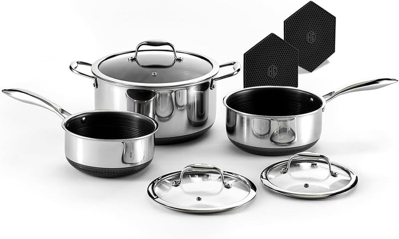 Hybrid Nonstick 6-Piece Pot Set with 2 Silicone Trivets, 2, 3, and 8-Quart Pots with Tempered Glass Lids, Stay-Cool Handles, Dishwasher-Friendly, Induction-Ready, Compatible with All Cooktops O3