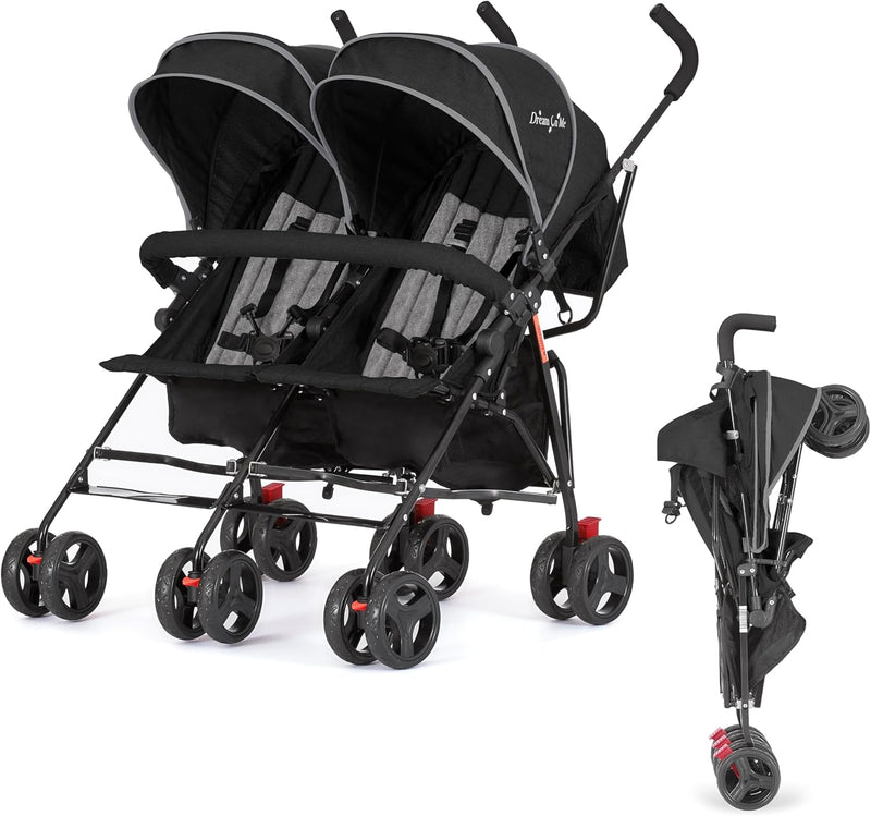 Twin Umbrella Stroller in Black, Lightweight Double Stroller for Infant & Toddler, Compact Easy Fold, Large Storage Basket, Large and Adjustable Canopy F5