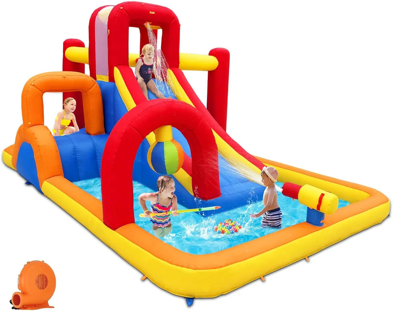 Inflatable Water Slide, 10 in 1 Water Park Bounce House with Blower, Splash Pool, 2 Slides, Water Cannon, Climbing Wall, Blow up Water Slides for Kids Outdoor Backyard Q2