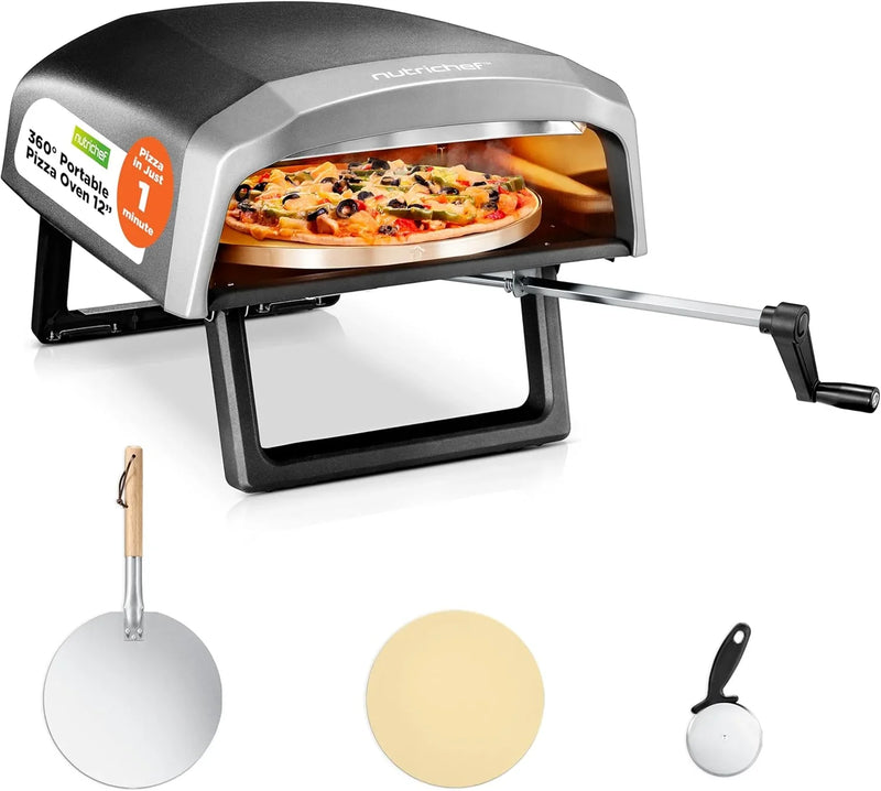 Outdoor pizza oven, equipped with 360-degree rotating pizza stone | Adjustable temperature control | Includes pizza shovel, pizza knife, stone, lid and hose | Can bake a 12-inch pizza in 60 seconds | 32.9 x 16.1 x 12.4 inches I8