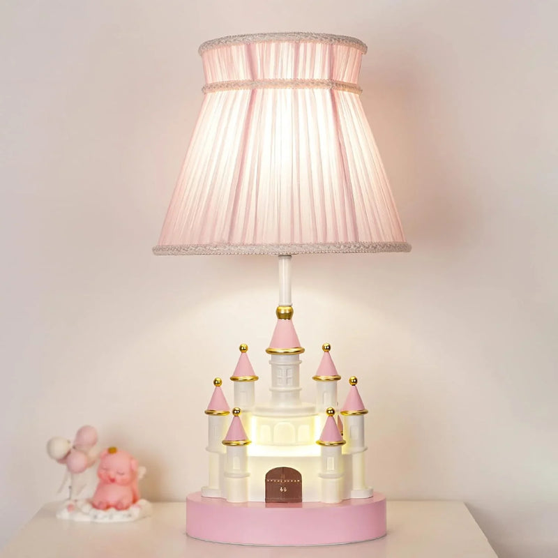 Cartoon children's table. Light pink bedside table. Princess-style cute castle-shaped resin material lamp for girls' bedroom and living room, with fabric shade cover. H3