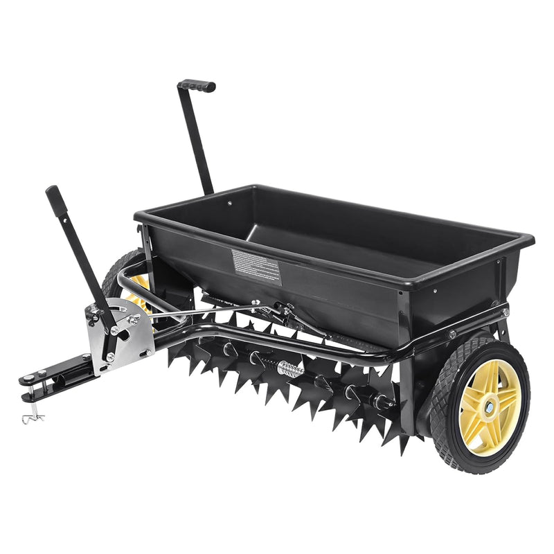Broadcast seeder, 100-pound tractor-mounted rear polyethylene seeder with 10-inch wheels, equipped with a steel spike weeder, fertilizer spreader, garden seeder and salt spreader, suitable for residences, farms, rough terrain, and black pavement. J9