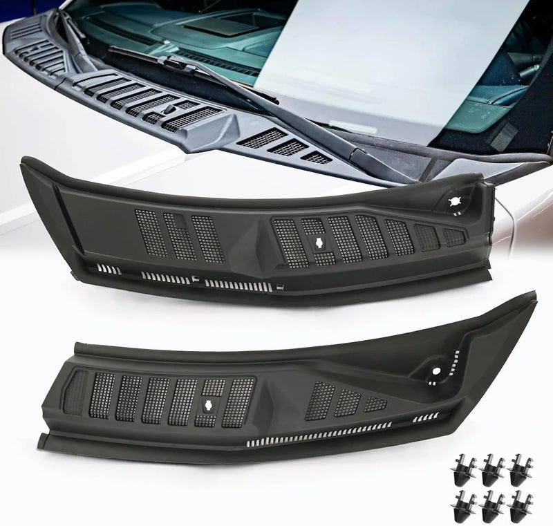 The front windshield wiper cover panel grille is compatible with the 2009 - 2014 models of Ford F150. It features two front insert panels on both the left and right sides. Q9