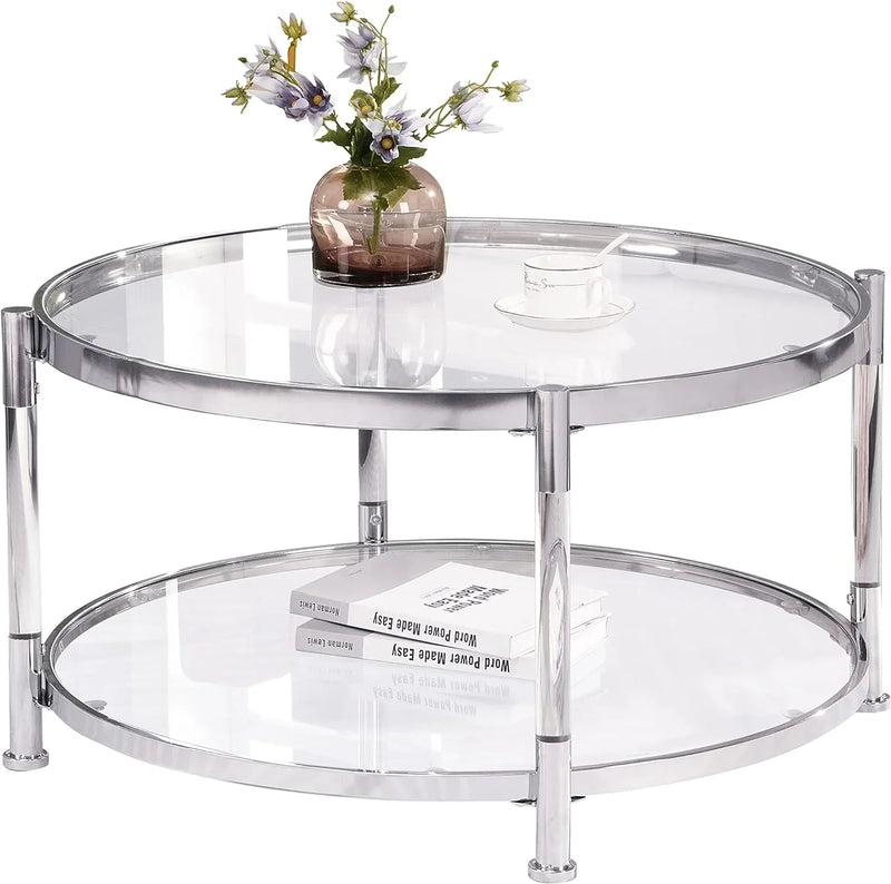 A round coffee table with a metal frame, the surface is made of chrome-plated acrylic glass. E9