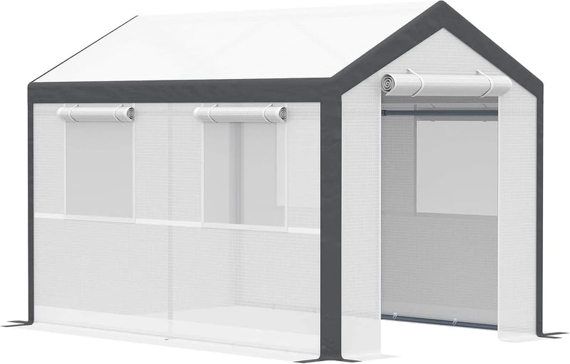 A 20-foot x 10-foot x 9-foot walk-in green house with an outdoor garden greenhouse, equipped with 6 roll-up windows, 2 zipper doors and a rain cover, in white color. Z1