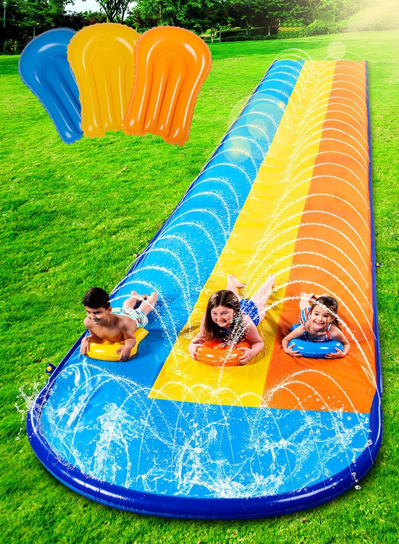 Sloosh Triple Water Slide with 3 BodyBoards, 22.5FT Lawn Water Splash Slip and Slide Summer Toy Splash Pad with Build in Advanced Sprinkler for Kids Adults Backyard Summer Water Fun T2