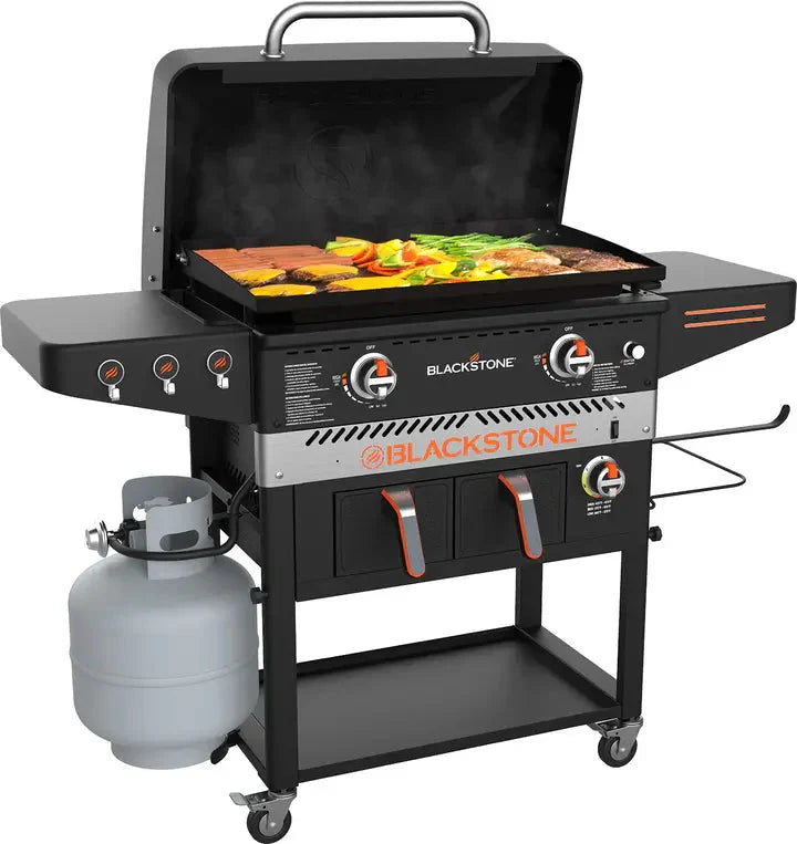 Blackstone 1962 Air Fryer Combo & Two Burners Stainless Steel Gas Hood, Wheels, Two Side Shelf – Heavy Duty Outdoor Griddle Station for Backyard, Patio, 28 inch Black R2