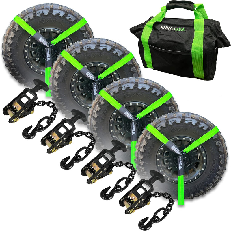 Car Tie Down Straps for Trailers with Flat Hooks (4-Pack) - 2 Inch x 8 Feet (10,000lb Break Strength) - Heavy Duty T-Handle Car Lasso Tire Straps for Trailer & UTV - Black Z4