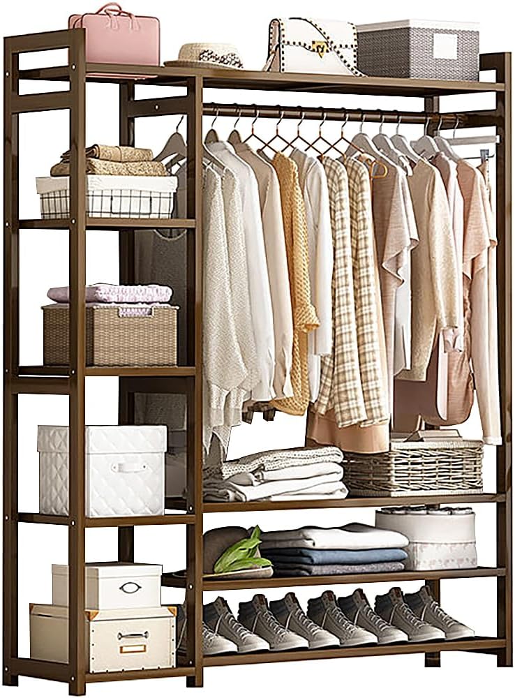 Floor-Standing Solid Wood Rotating Coat Rack，Portable Bamboo Clothes Rack - Versatile Closet Organizer with Storage Shelves and Compartments for Bedroom, Entryway, or Living Room - Stylish a D3