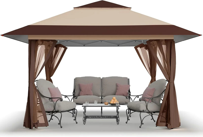 CROWN SHADES 13x13 Pop Up Gazebo, Canopy Tent, Gazebos on Clearance - Outdoor Gazebo for Backyard & Patio Furniture - Carpa Pop Up Tent with Wheeled STO-N-Go Cover Bag (Beige & Coffee) T3