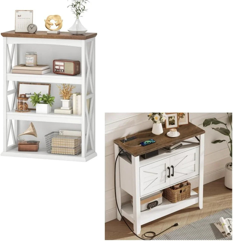 Farmhouse Sofa Table with Power Outlet-4-Tier Bookcase, 42.9" Floor Standing Organizer Shelf F1