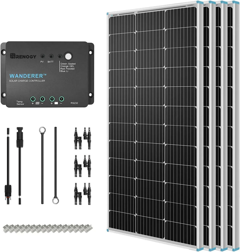 400 Watt 12 Volt Premium 4 Pcs 100W Panel 40A MPPT Charge Controller Bluetooth Module Fuse Mounting Z Brackets Adaptor Kit Tray Cables Set, 400W, Grid 12V Solar Power System P5