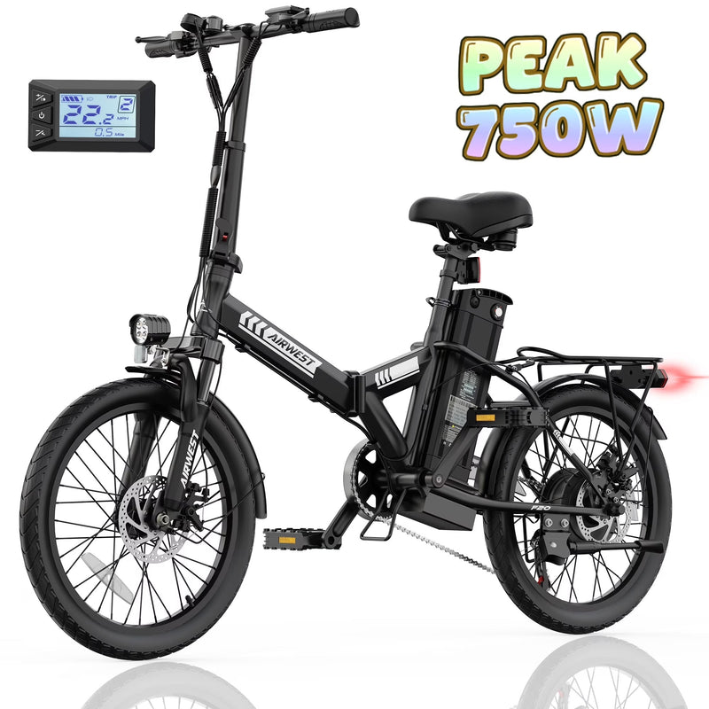 AIRWEST 20 in Foldable Electric Bike for Adults, Compact Commuter eBike with 500W Motor 750W Peak, Removable 48V 7.8Ah Battery, 50 Miles PAS... T0