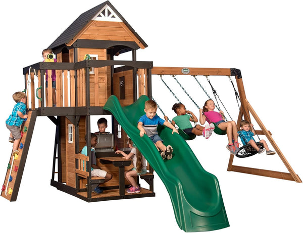 Gorge Creek Pure Pine Swing Set, Playhouse with Barbecue Grill, Plastic Utensils, Picnic Area, Steering Wheel, Double-Padded Swing, Rock Climbing Wall, Balcony, Terrace, Mesh Swing (Green Slide) B0