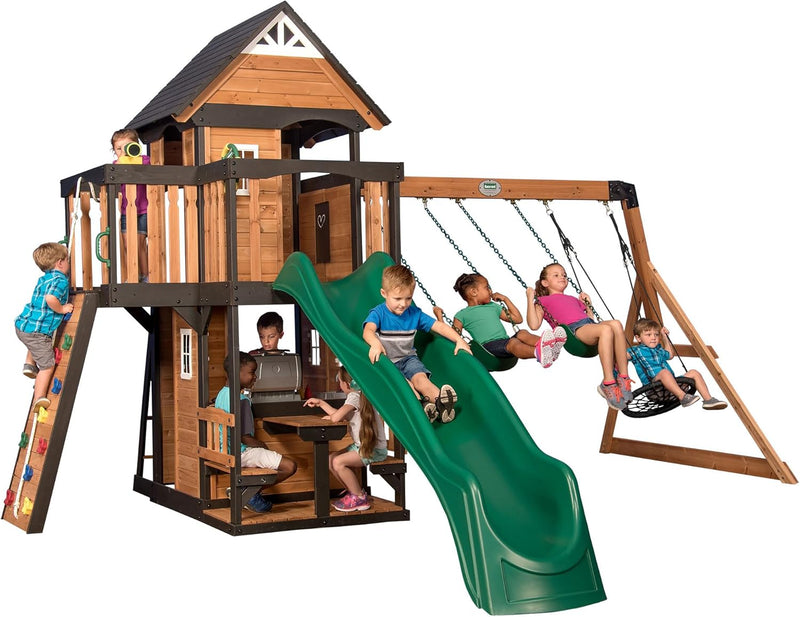 Gorge Creek Pure Pine Swing Set, Playhouse with Barbecue Grill, Plastic Utensils, Picnic Area, Steering Wheel, Double-Padded Swing, Rock Climbing Wall, Balcony, Terrace, Mesh Swing (Green Slide) B0