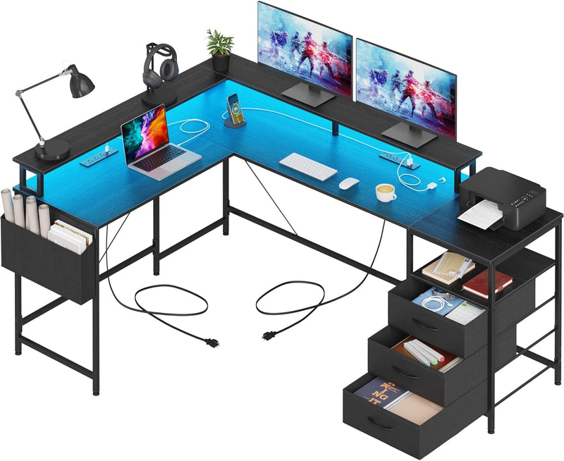 3 Drawers L Shaped Desk 63 Inch, 2 Power Strips (6 AC) and LED, Large Gaming Desk & 2 Monitor Stands, L Shape Computer Desk, Stable and Sturdy Home Office Desk, Fabric Drawers, Black L8