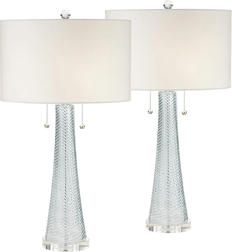 Modern desk lamp, 28.5 inches high, 2 sets. Features a sky-blue textured glass lampshade and a white cylindrical lampshade with a vortex pattern. Suitable for living room, bedroom, bedside table, night light, office, and home use. M3