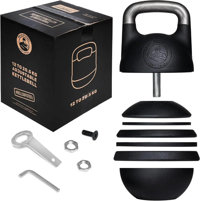 Adjustable Kettlebell Set [Bells of Steel] Kettle Bell Weight Set, Steel Shell, Internally-Loaded for Full Body Workouts, Competition Standard 35mm Handle, 12-20.5kg X1