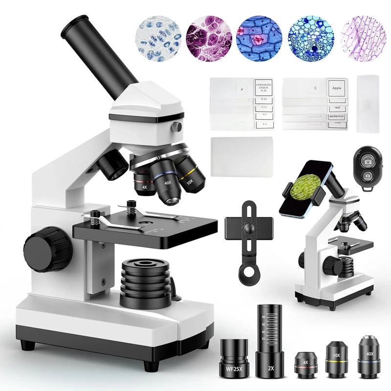 Compound Microscope for Adults & Kids - 100X-2000X High-Power Biological Microscope for Students, School Lab & Home Education, with Slides Set & Phone Adapter (White) I1