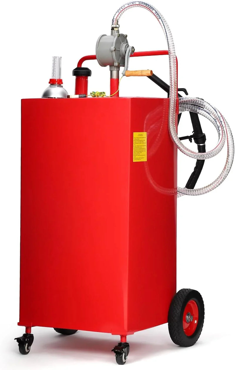 30 Gallon Fuel Caddy, Fuel Tank with Manual Transfer Pump for Gasoline & Diesel, Durable 4-Wheel Design, Mobile Fuel Storage for Cars, Trucks, Boats, Lawn Mowers, Red X5