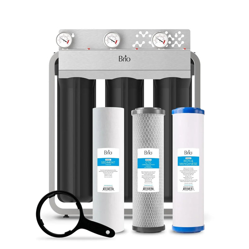 Whole-house filtration system, designed to remove iron and manganese, with a flow rate of 900 gallons per minute, dimensions of 4.5 inches x 20 inches, featuring a built-in sediment filter, activated carbon filter and iron/manganese filter, with a li D8