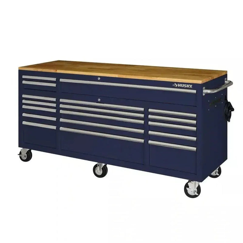 Husky 72 in. 18-Drawer Mobile Workbench with Solid Wood Top in Gloss Blue M1