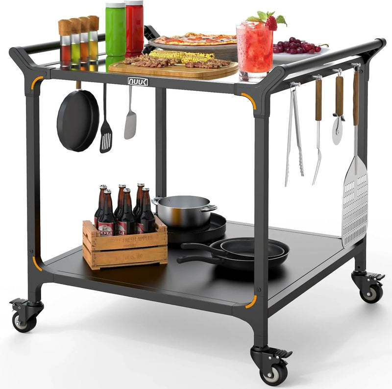 Outdoor barbecue food truck, 32" x 32" stainless steel pizza oven table, mobile barbecue kitchen food preparation cart with double-tiered shelves, suitable for garden patios P6