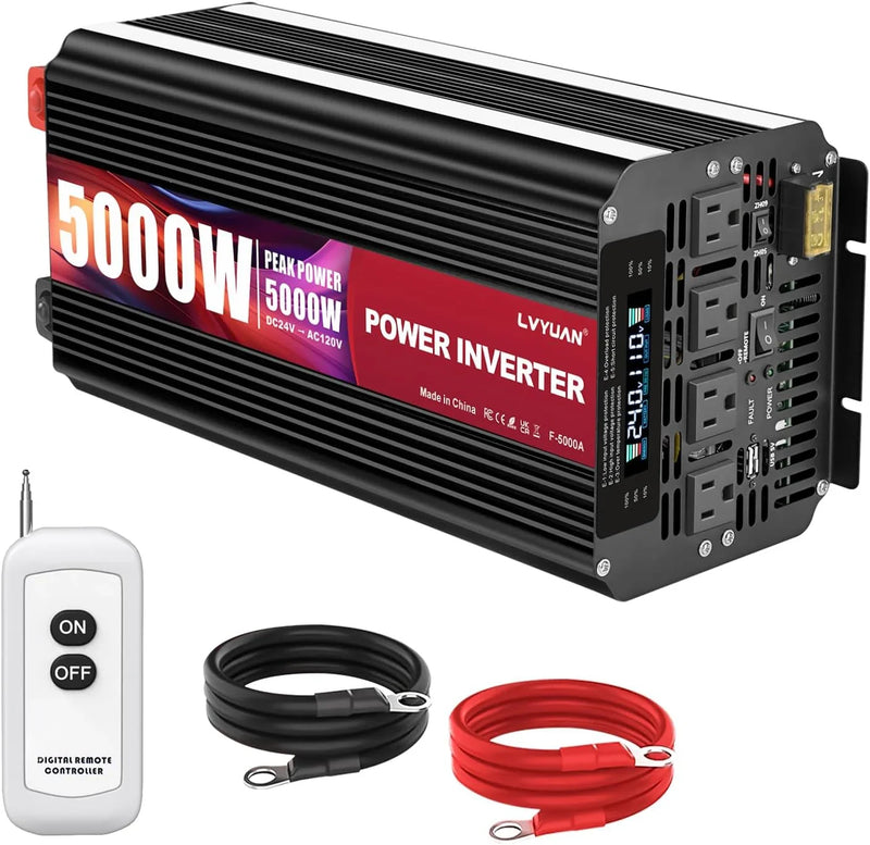 5000 Watt Power Inverter 12V to 110V 120V for Vehicle, Solar Inverter System, Heavy Duty, RV, Truck, Off Grid,Camping with 4 AC Outlets, LCD Display, Wireless Remote Control, Car Power Inverter P7