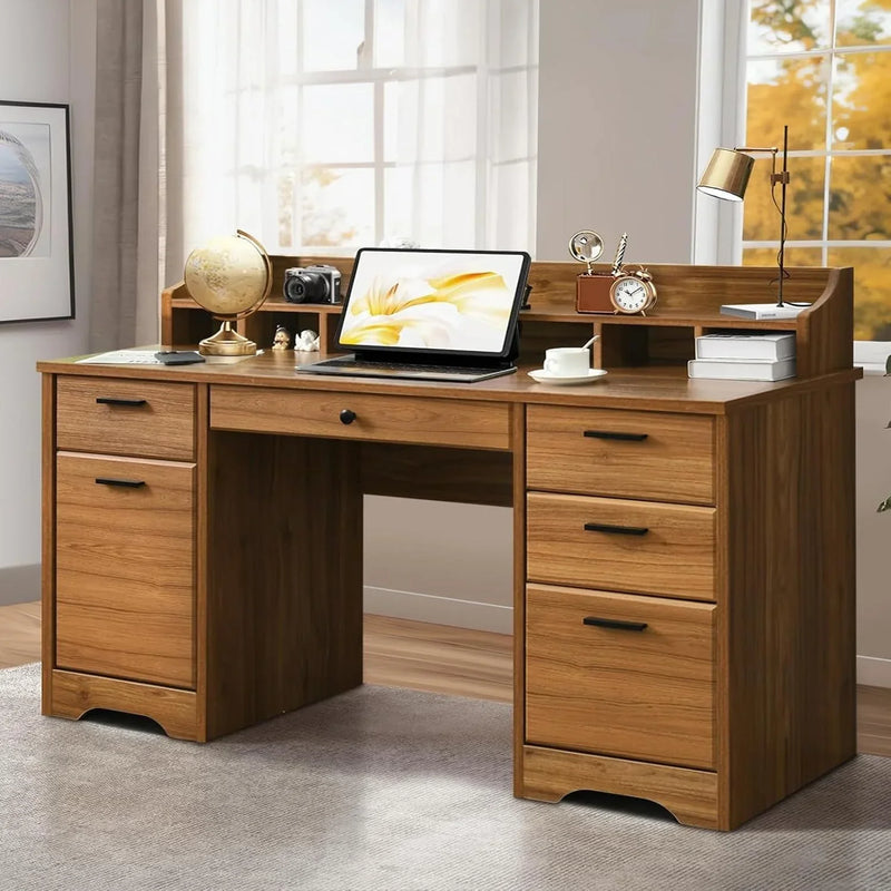 Executive Desk with Drawers, 58 Inch Desk with Storage, Wood Executive Desk with 6 Drawers, Study Desk for Bedroom, Business Furniture Desk with File Cabinet, Vintage Brown S9