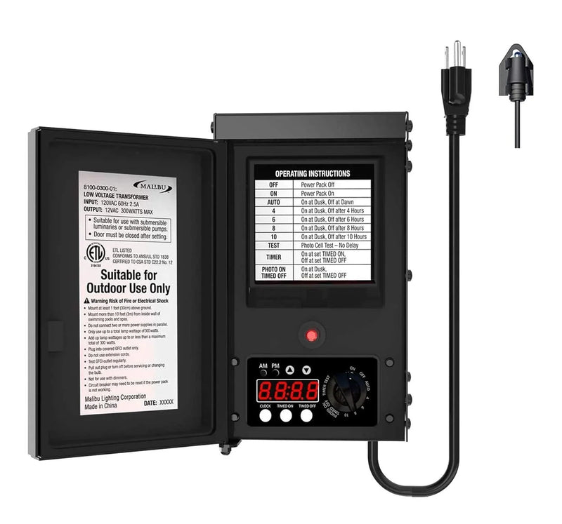 600W low-voltage transformer, outdoor landscape lighting transformer, 120V AC to 12V AC conversion, equipped with sensor and rain cover, suitable for garden LED lighting, spotlights, sidewalk lights K5