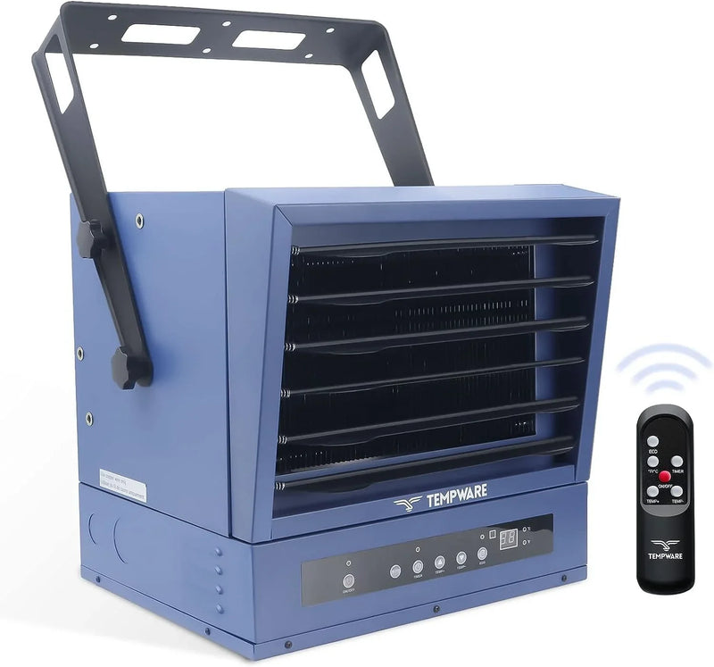 Electric vehicle garage heater, 7500-watt digital display fan-driven ceiling-mounted work area heater, featuring full-function remote control, 240-volt wired installation, with a 12-hour timer, is highly suitable for use in workplaces. C5