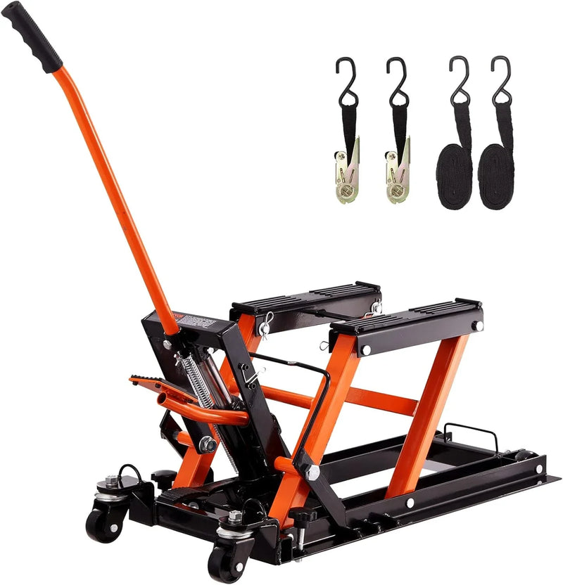 Hydraulic Motorcycle Lift Jack 1500 LBS Capacity ATV Scissor Lift Jack Portable Motorcycle Lift Table with 4 Wheels Hydraulic Foot-Operated Hoist Stand for Motorcycle ATV UTV Powersports L3