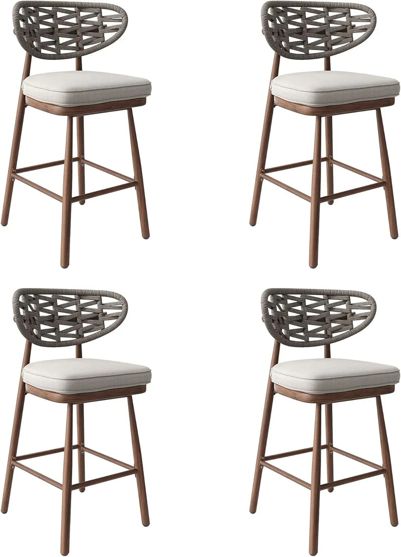 Outdoor Bar Stools Set of 2,Rattan Barstools Woven,29'' Bar Height Stools with Backrest and Teak Leg,Aluminum Bar Chairs Boho Bar Stool with Cushions,Tall Barstool for Patio,Teak V1