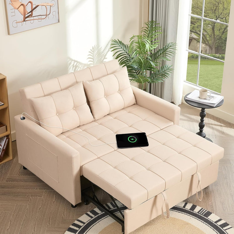 52" Sleeper Sofa with Pull-Out Bed, 3-in-1 Convertible Sofa Bed, Loveseat with Adjustable Backrest and Side Pocket, for Living Room Apartment, Linen, Dark Grey N2