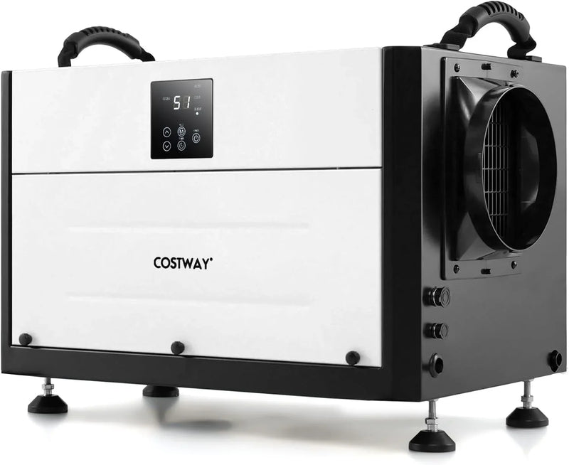 Commercial dehumidifier, suitable for 1300 square feet of basements, storage areas or work sites, equipped with a 9.8-foot drainage pipe and a wired remote control panel, white model. O2