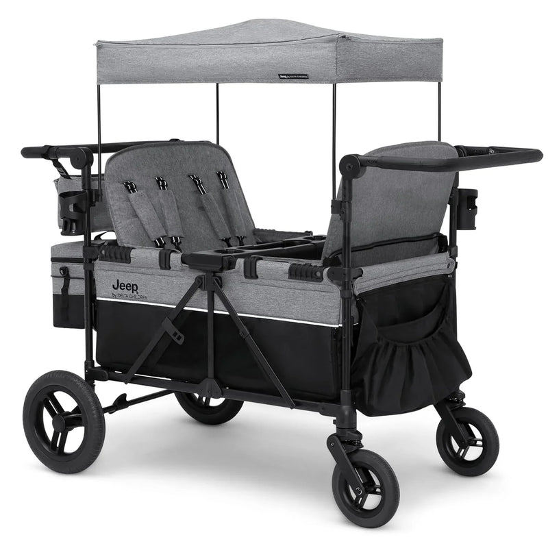 Luxurious 4-seater children's stroller - A high-end 4-seater children's stroller specially designed for 4 children, equipped with convertible seats, adjustable push-pull handles, detachable sunshade, and flat folding device. The color is grey. Y2