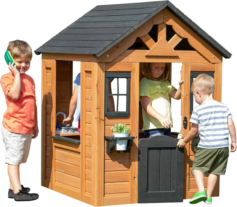 Children's playhouse cabin, equipped with a game kitchen, snack bar, half-door, toy phone, windows, flower pot stand and an operable doorbell, suitable for creative outdoor games. C8